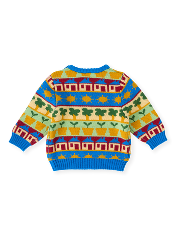 The Goldie + Ace Among The Gumtrees Knit Jumper in Blue Multi pictured on a transparent background. The material is soft knit made from wool, acrylic, and nylon. It is a knit made for babies, toddlers and kids.