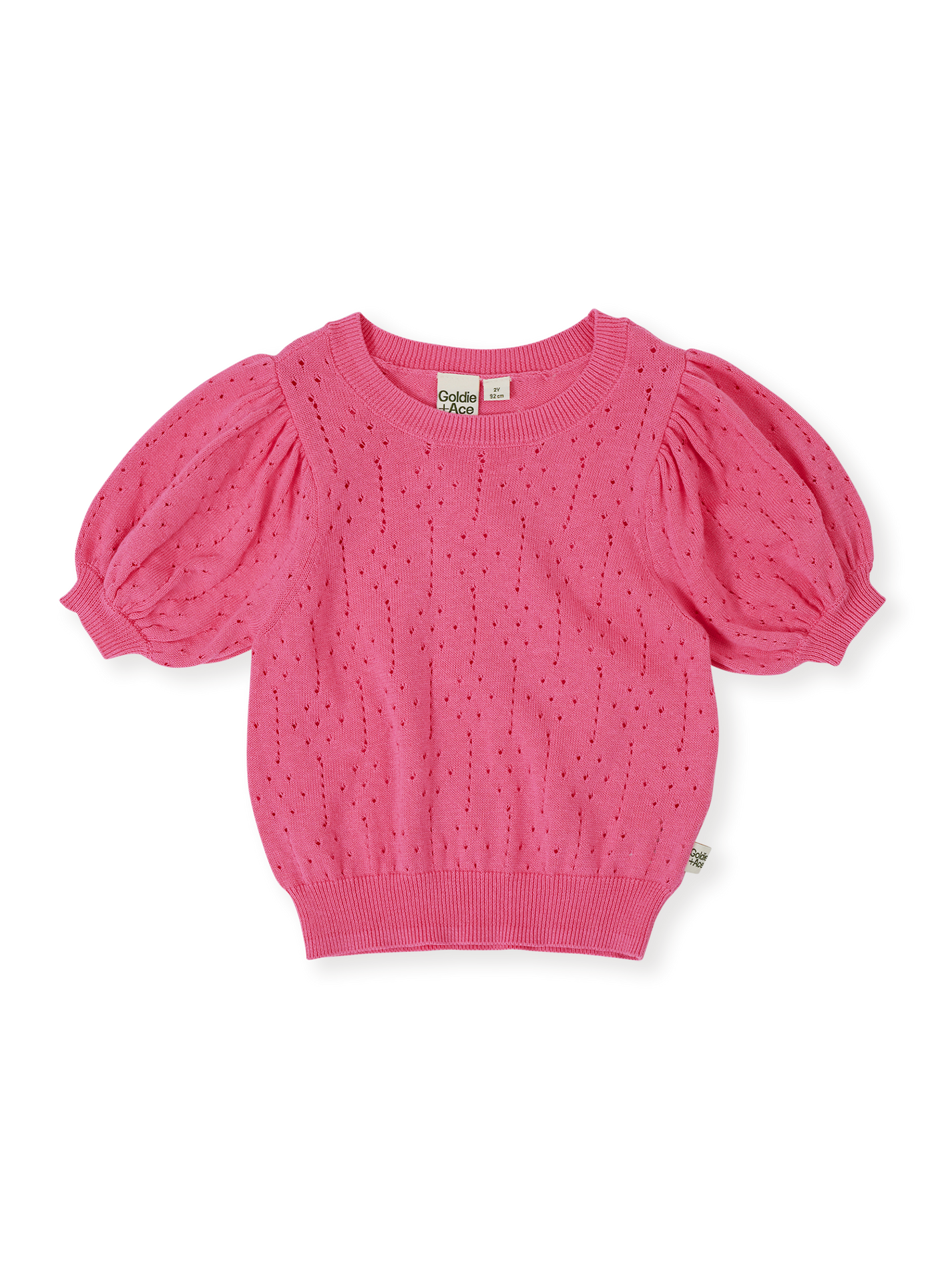 The Goldie + Ace Pointelle Puff Knit Top in Pink Lemonade pictured on a transparent background. The material is 100% cotton. It is a knit made for babies, toddlers and kids.