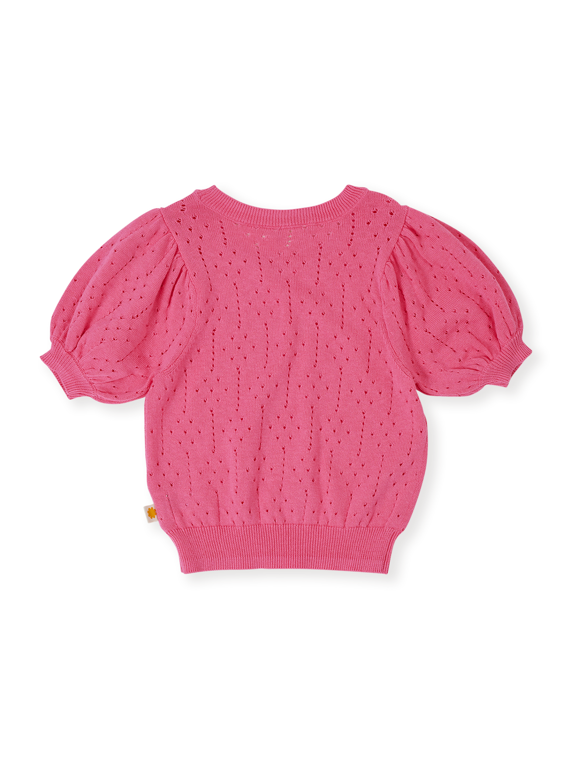 The Goldie + Ace Pointelle Puff Knit Top in Pink Lemonade pictured on a transparent background. The material is 100% cotton. It is a knit made for babies, toddlers and kids.