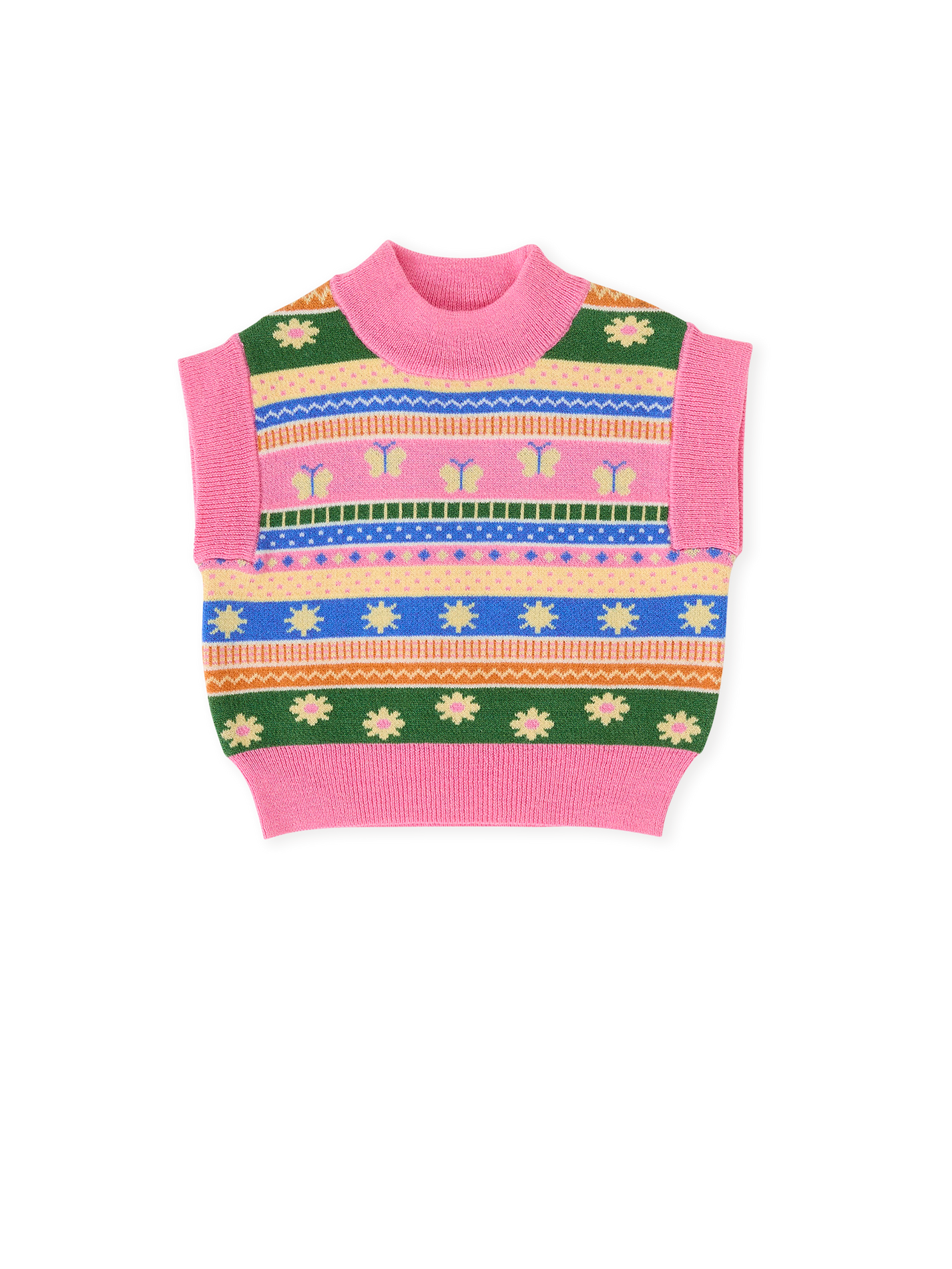 The Goldie + Ace Flutter By Sweater Vest in Pink Multi pictured on a transparent background. The material is soft knit made from wool, acrylic, and nylon. It is a knit made for babies, toddlers and kids.