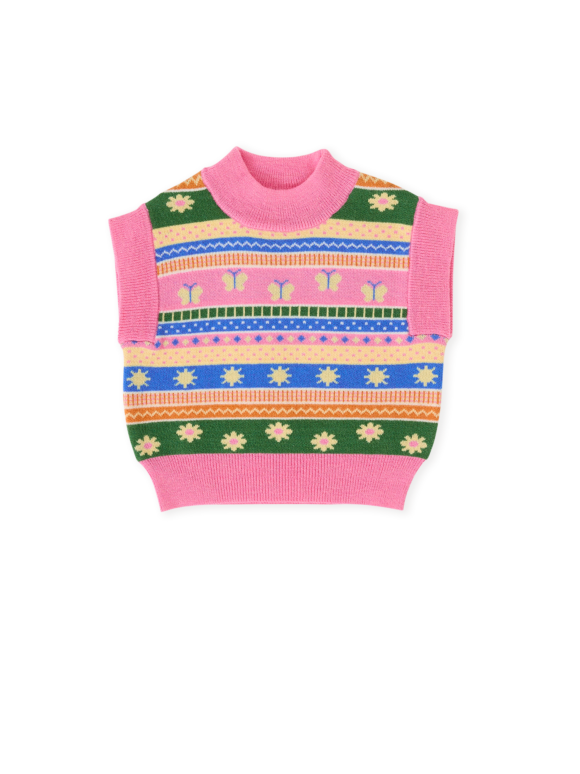 The Goldie + Ace Flutter By Sweater Vest in Pink Multi pictured on a transparent background. The material is soft knit made from wool, acrylic, and nylon. It is a knit made for babies, toddlers and kids.