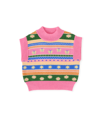 The Goldie + Ace Flutter By Sweater Vest in Pink Multi pictured on a transparent background. The material is soft knit made from wool, acrylic, and nylon. It is a knit made for babies, toddlers and kids.