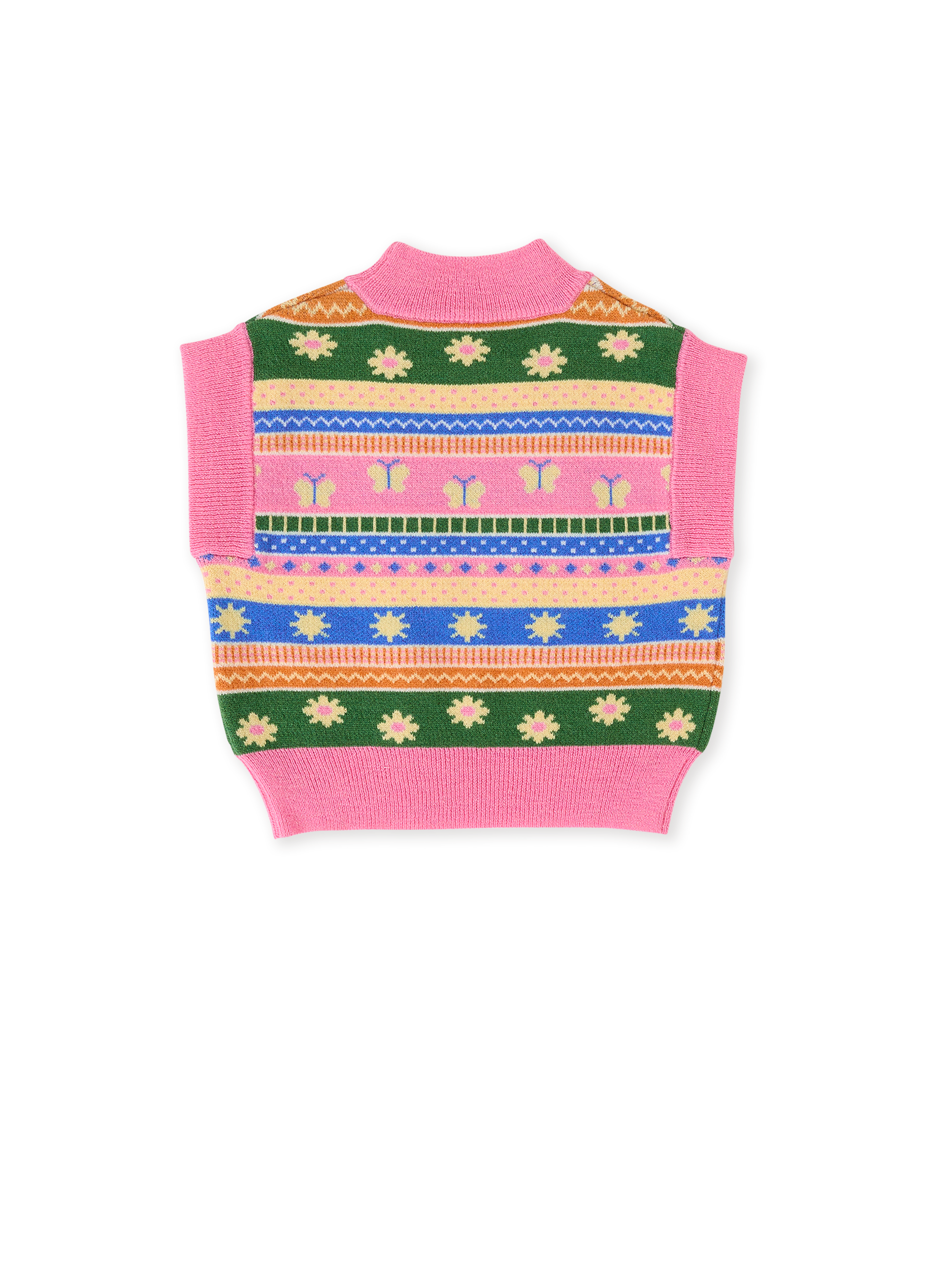 The Goldie + Ace Flutter By Sweater Vest in Pink Multi pictured on a transparent background. The material is soft knit made from wool, acrylic, and nylon. It is a knit made for babies, toddlers and kids.