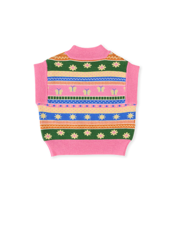 The Goldie + Ace Flutter By Sweater Vest in Pink Multi pictured on a transparent background. The material is soft knit made from wool, acrylic, and nylon. It is a knit made for babies, toddlers and kids.