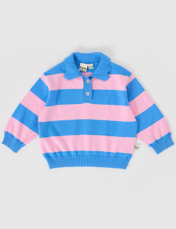 The Goldie + Ace Ava Collared Knit Jumper in Blue/Pink pictured on a grey background. The material is super soft wool blend. It is a knit made for babies, toddlers and kids.