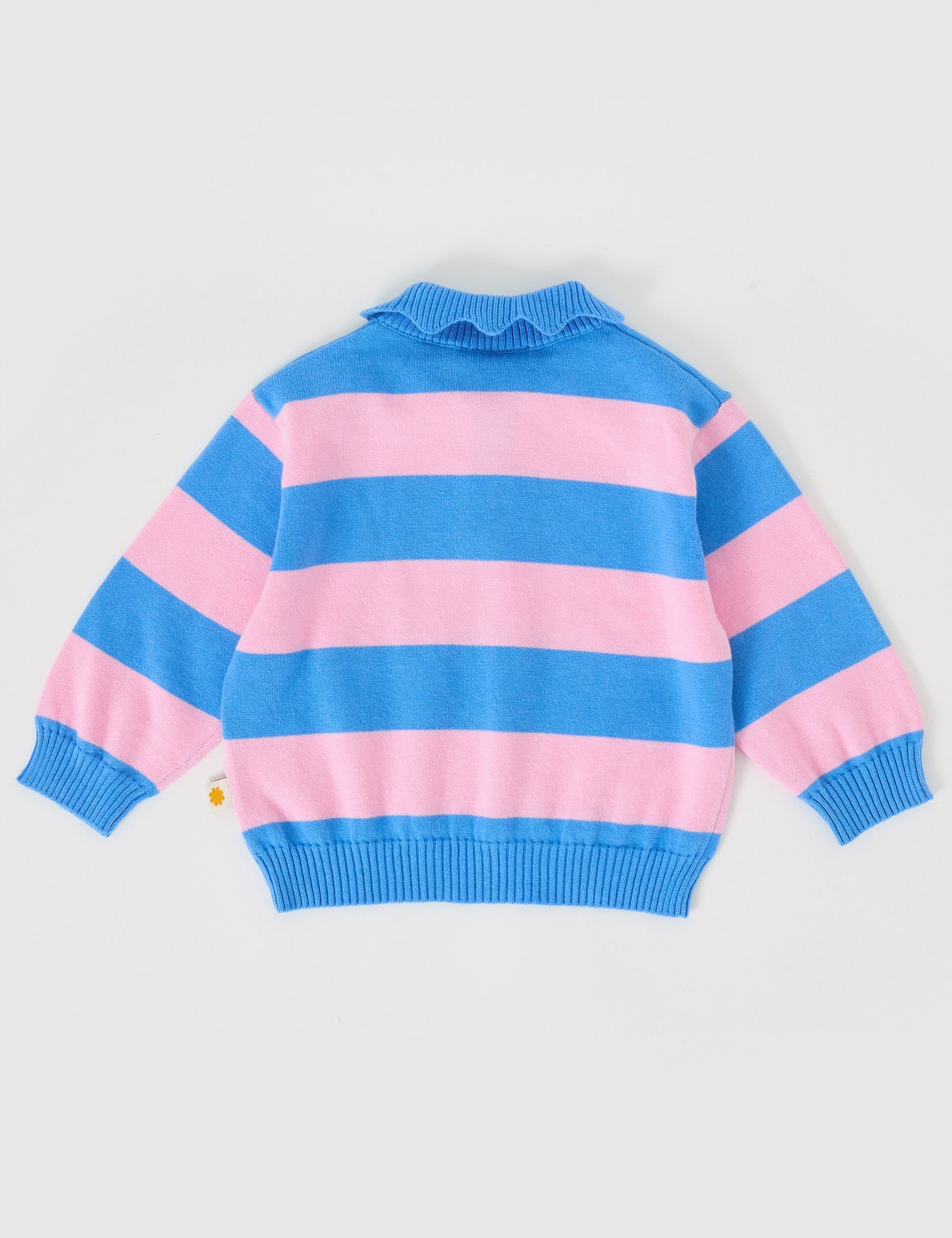 The Goldie + Ace Ava Collared Knit Jumper in Blue/Pink pictured on a grey background. The material is super soft wool blend. It is a knit made for babies, toddlers and kids.