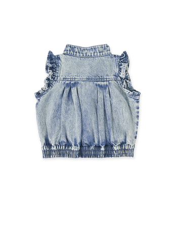 The Goldie + Ace Elodie Embroidered Denim Vest in Light Denim pictured on a transparent background. The material is cotton. It is a top made for babies, toddlers and kids.