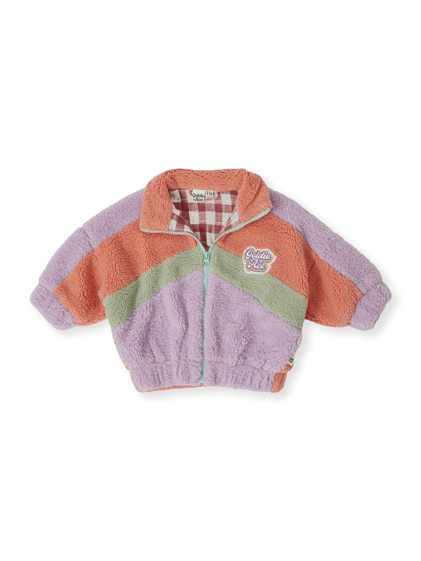 The Goldie + Ace Frankie Sherpa Jacket in Lilac/Peach/Mint pictured on a transparent background. The material is poly with cotton lining. It is a jacket made for babies, toddlers and kids.
