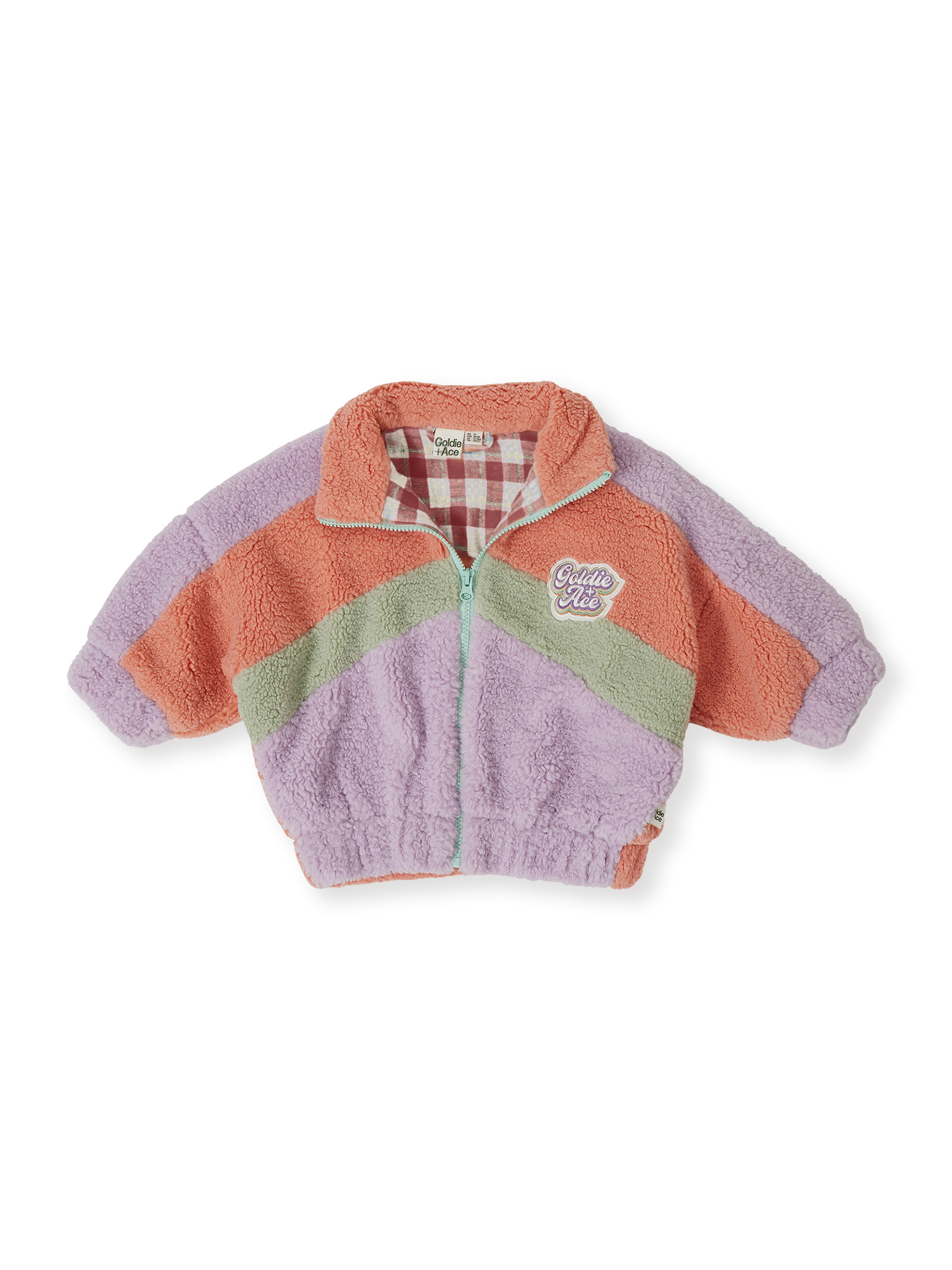 The Goldie + Ace Frankie Sherpa Jacket in Lilac/Peach/Mint pictured on a transparent background. The material is poly with cotton lining. It is a jacket made for babies, toddlers and kids.