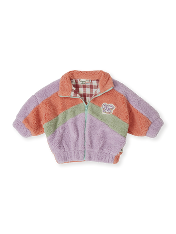 The Goldie + Ace Frankie Sherpa Jacket in Lilac/Peach/Mint pictured on a transparent background. The material is poly with cotton lining. It is a jacket made for babies, toddlers and kids.
