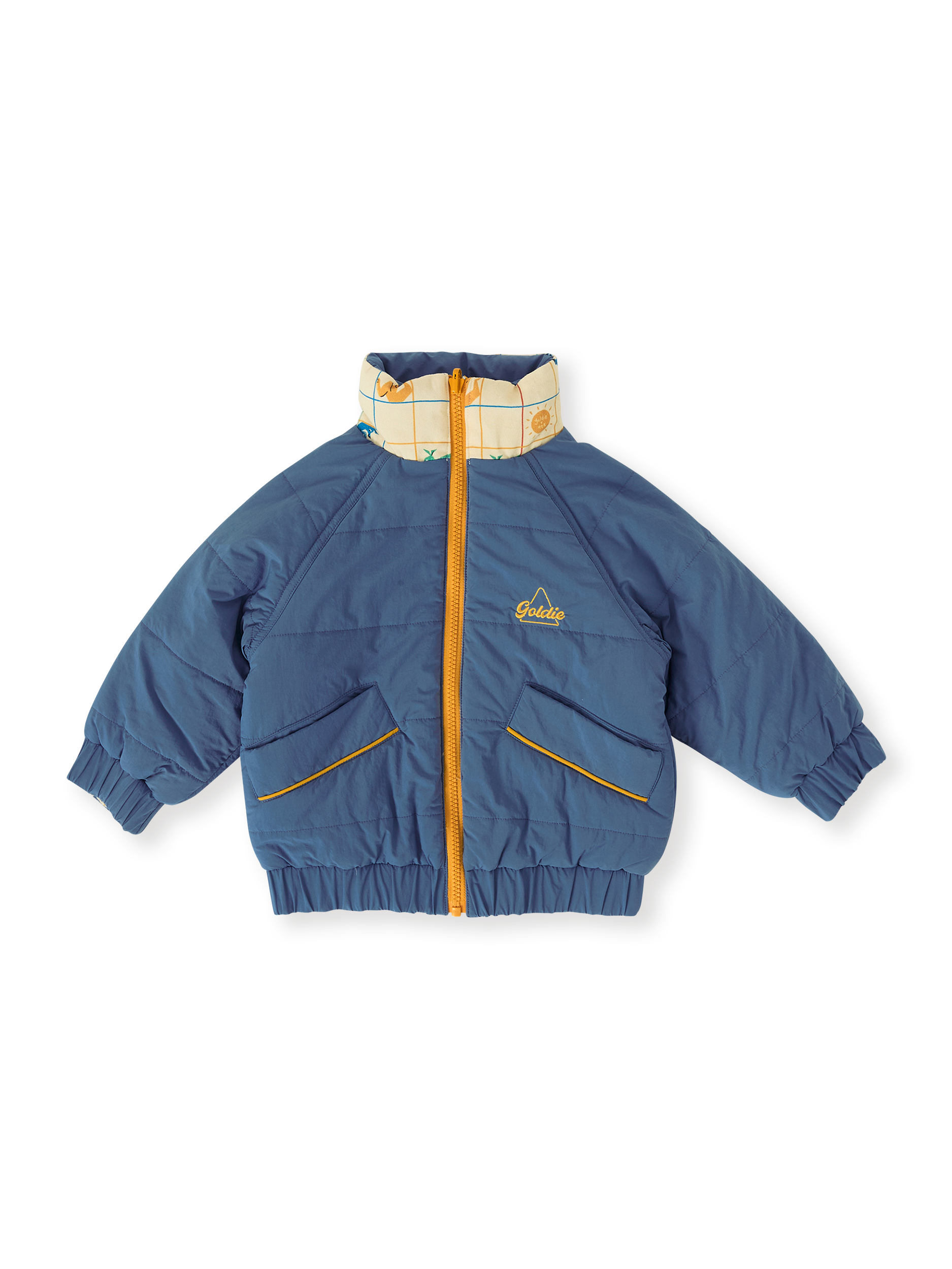 The Goldie + Ace Hopscotch Reversible Puffer Jacket in Lake/Vanilla pictured on a transparent background. The material is poly with cotton lining. It is a jacket made for babies, toddlers and kids.
