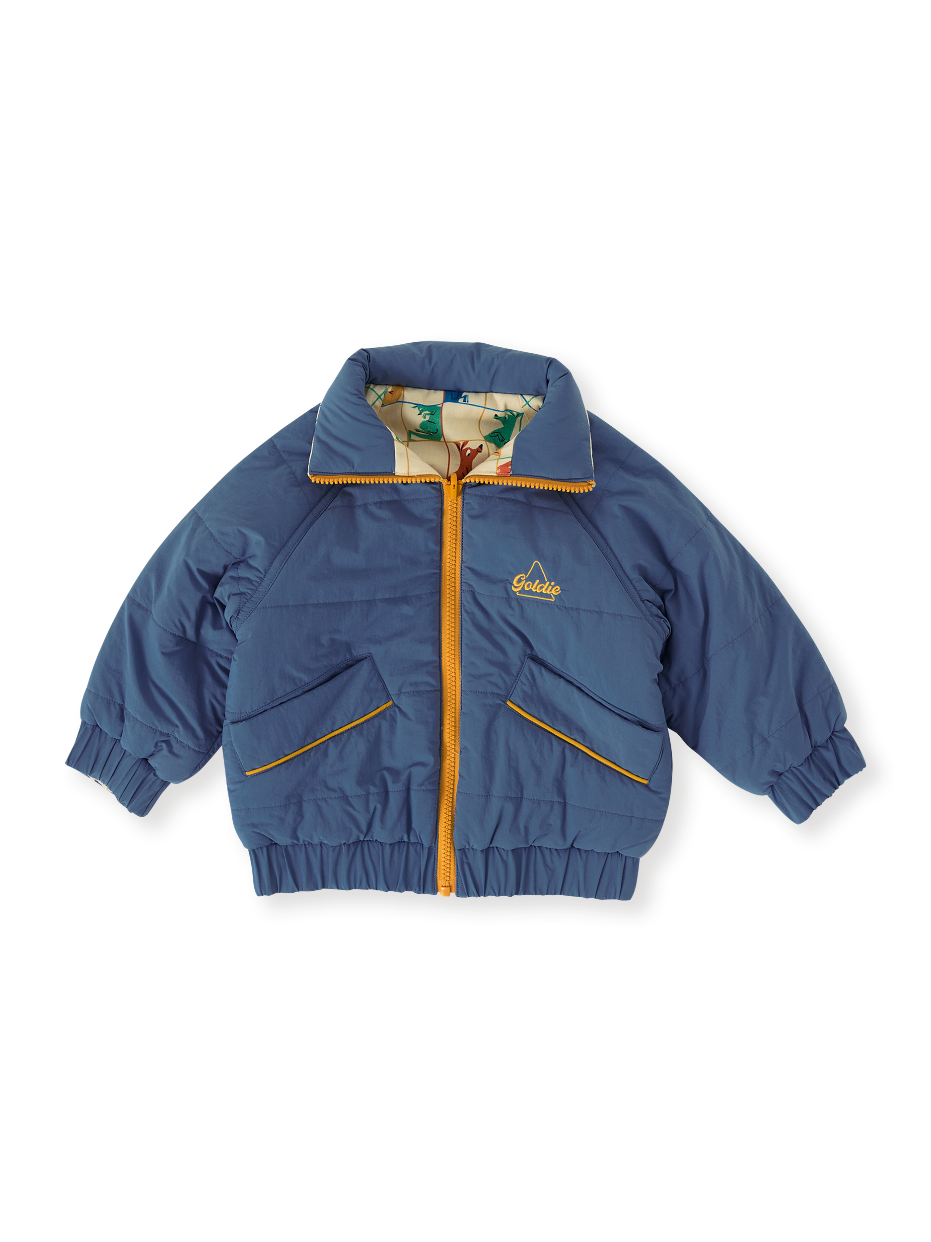The Goldie + Ace Hopscotch Reversible Puffer Jacket in Lake/Vanilla pictured on a transparent background. The material is poly with cotton lining. It is a jacket made for babies, toddlers and kids.
