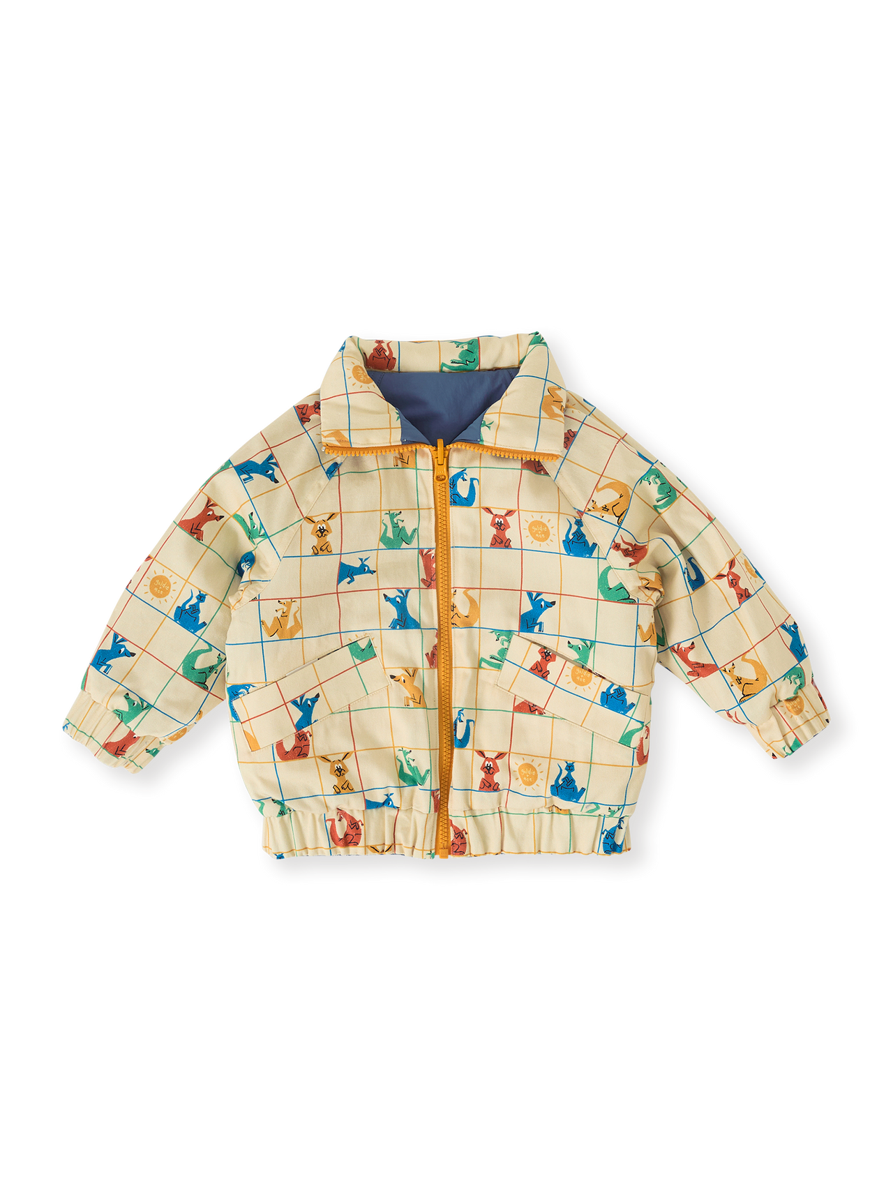 The Goldie + Ace Hopscotch Reversible Puffer Jacket in Lake/Vanilla pictured on a transparent background. The material is poly with cotton lining. It is a jacket made for babies, toddlers and kids.
