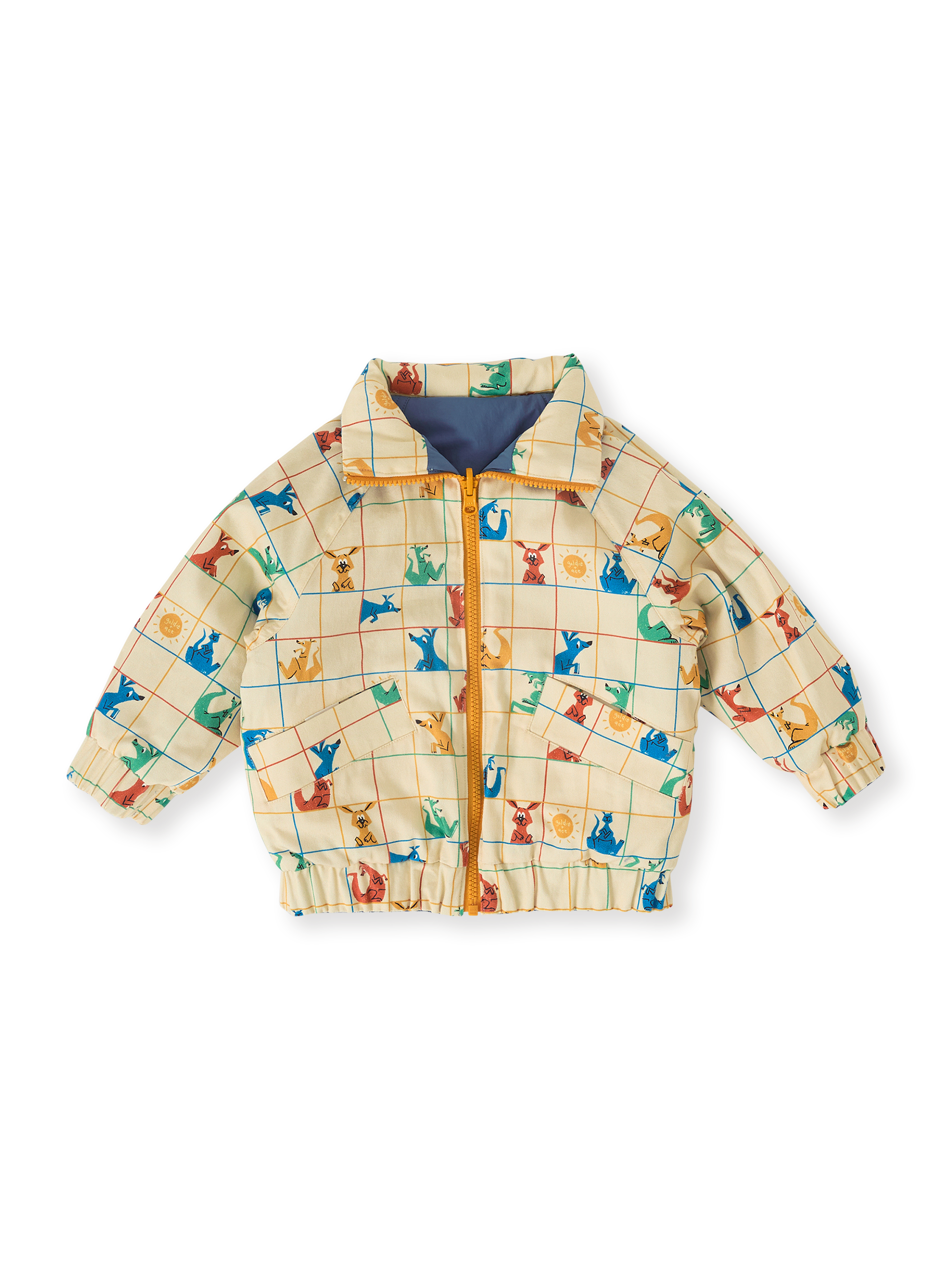 Children's jacket with colorful animal pattern on a white background