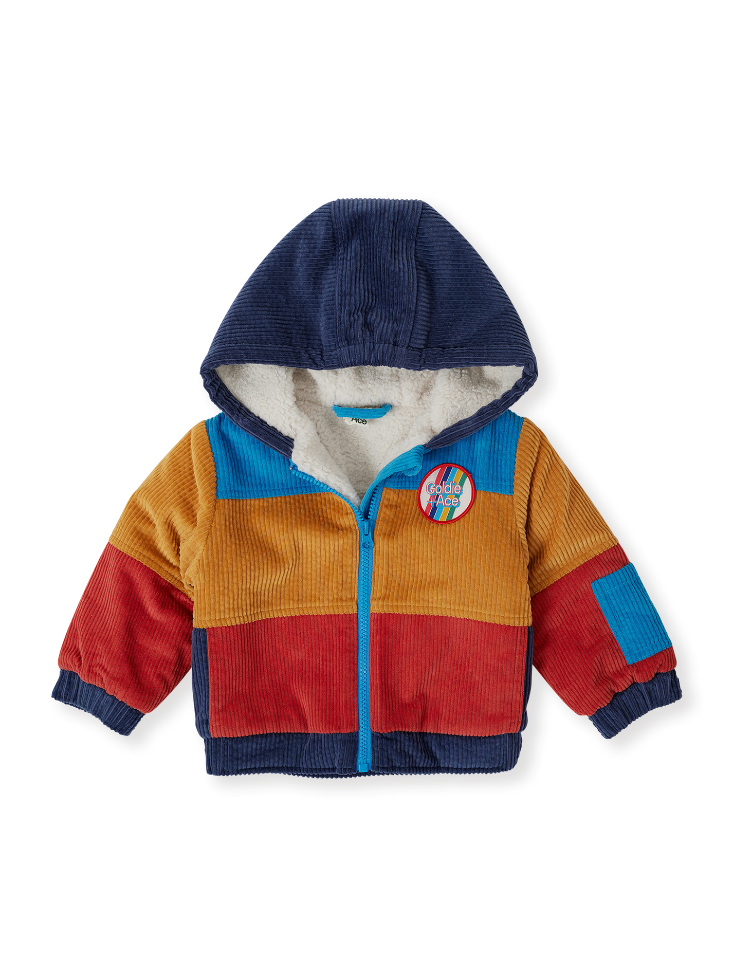 The Goldie + Ace Retro Corduroy Colourblock Jacket in Primary pictured on a transparent background. The material is poly with cotton lining. It is a jacket made for babies, toddlers and kids.