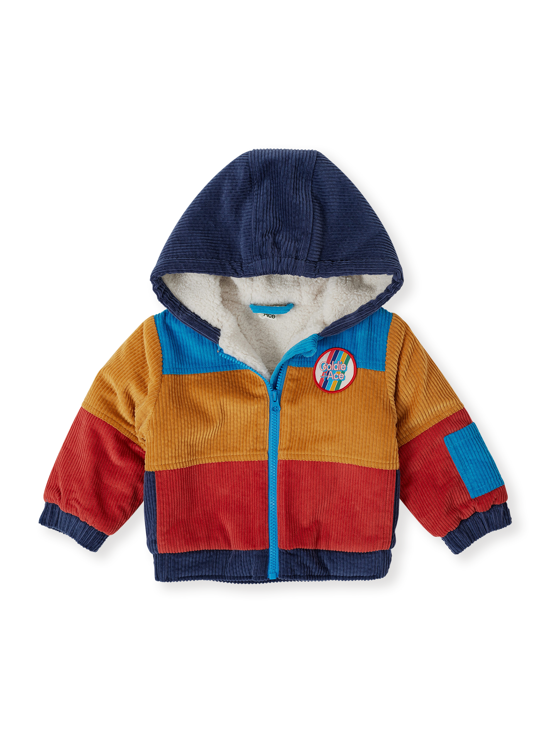 The Goldie + Ace Retro Corduroy Colourblock Jacket in Primary pictured on a transparent background. The material is poly with cotton lining. It is a jacket made for babies, toddlers and kids.
