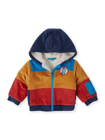 The Goldie + Ace Retro Corduroy Colourblock Jacket in Primary pictured on a transparent background. The material is poly with cotton lining. It is a jacket made for babies, toddlers and kids.