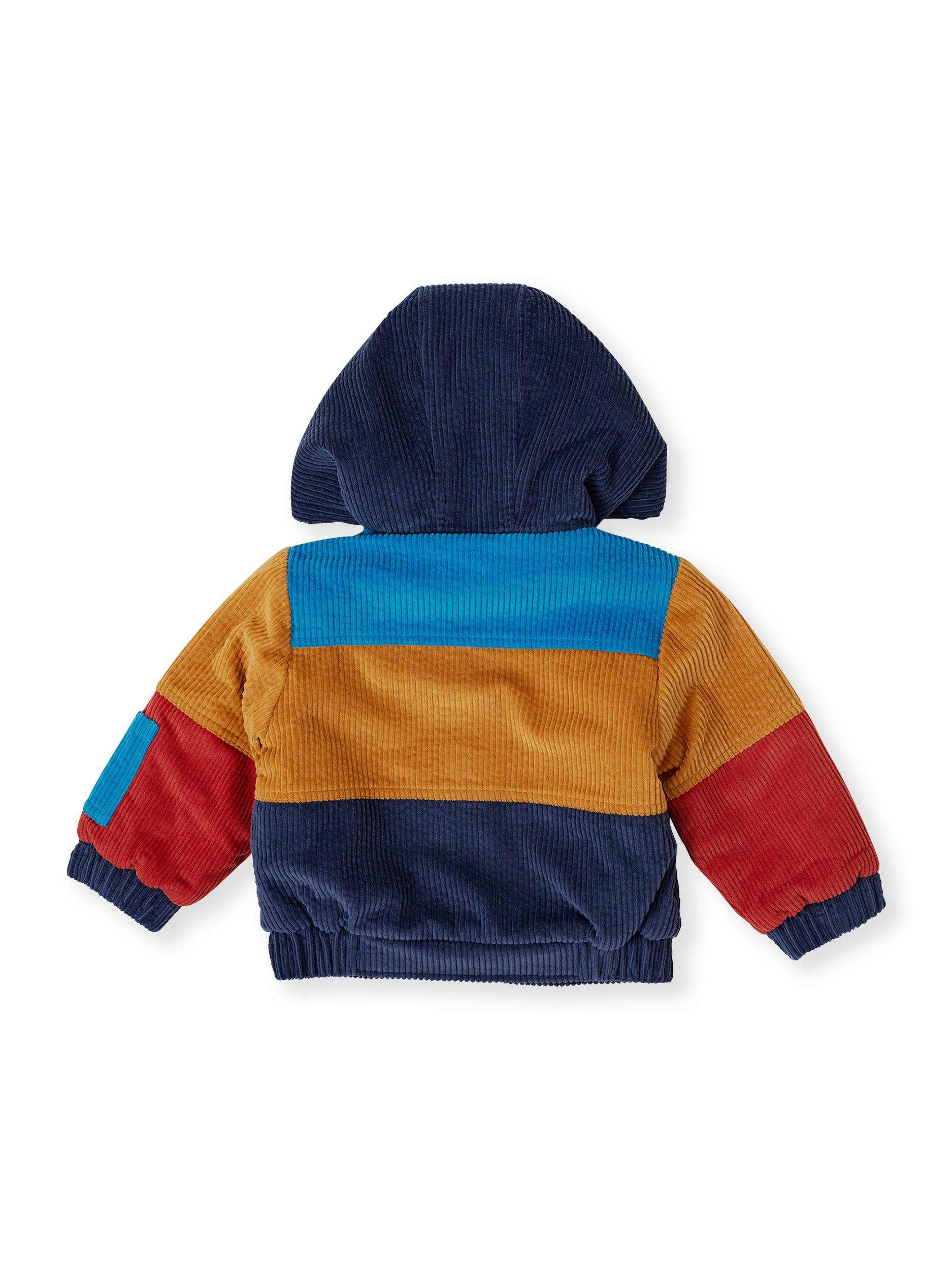The Goldie + Ace Retro Corduroy Colourblock Jacket in Primary pictured on a transparent background. The material is poly with cotton lining. It is a jacket made for babies, toddlers and kids.