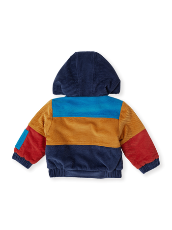 The Goldie + Ace Retro Corduroy Colourblock Jacket in Primary pictured on a transparent background. The material is poly with cotton lining. It is a jacket made for babies, toddlers and kids.