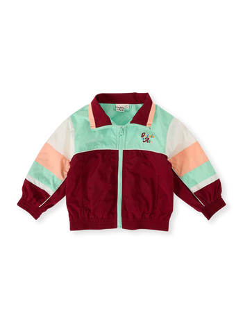 The Goldie + Ace Fun Run Retro Spray Jacket in Brick/Peapod pictured on a transparent background. The material is poly with cotton lining. It is a jacket made for babies, toddlers and kids.