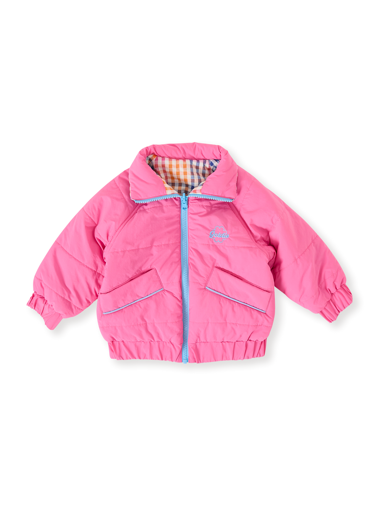 The Goldie + Ace Rainbow Gingham Reversible Puffer Jacket in French Rose/Rainbow pictured on a transparent background. The material is poly with cotton lining. It is a jacket made for babies, toddlers and kids.