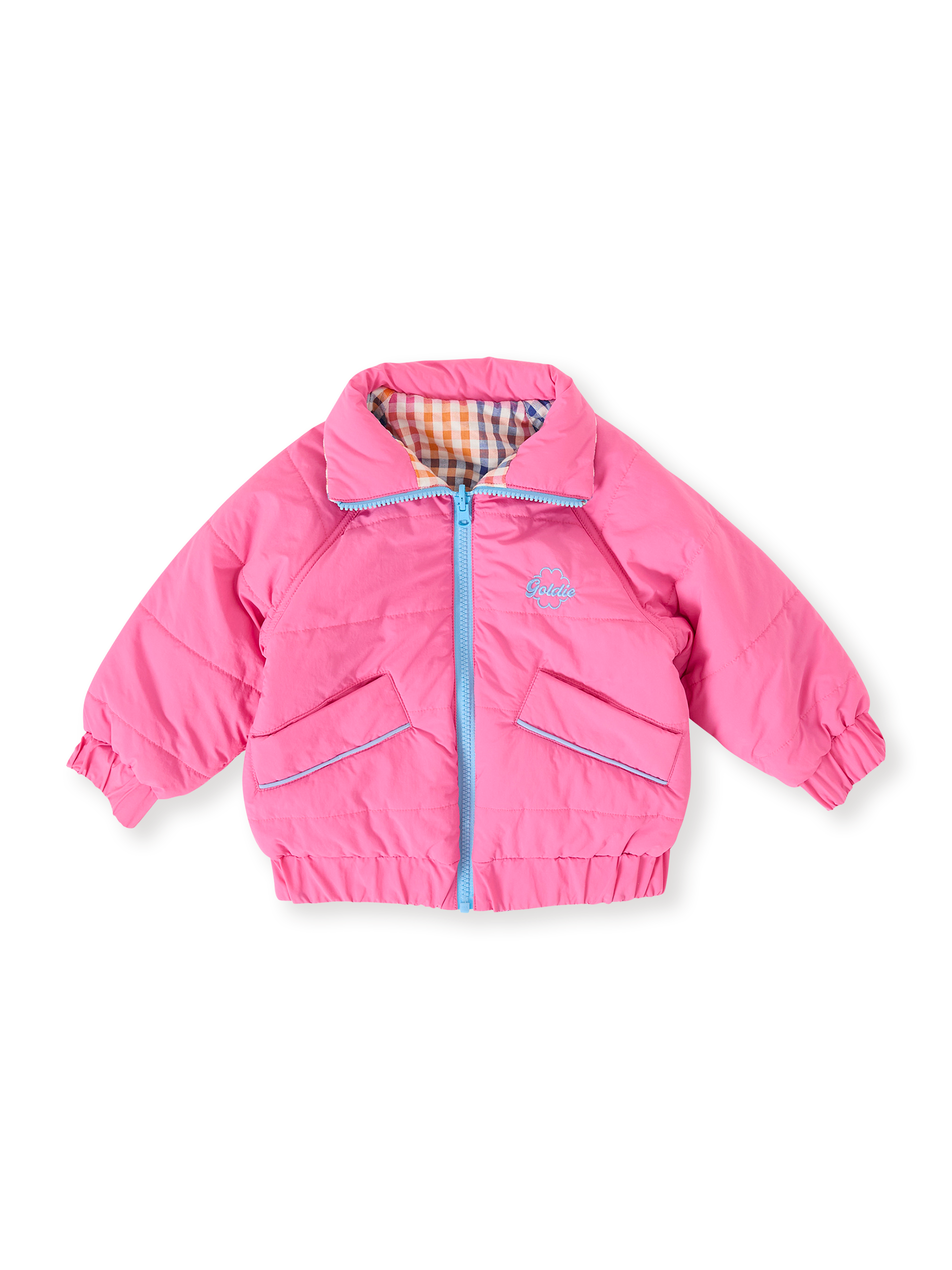 The Goldie + Ace Rainbow Gingham Reversible Puffer Jacket in French Rose/Rainbow pictured on a transparent background. The material is poly with cotton lining. It is a jacket made for babies, toddlers and kids.