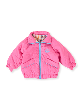 The Goldie + Ace Rainbow Gingham Reversible Puffer Jacket in French Rose/Rainbow pictured on a transparent background. The material is poly with cotton lining. It is a jacket made for babies, toddlers and kids.