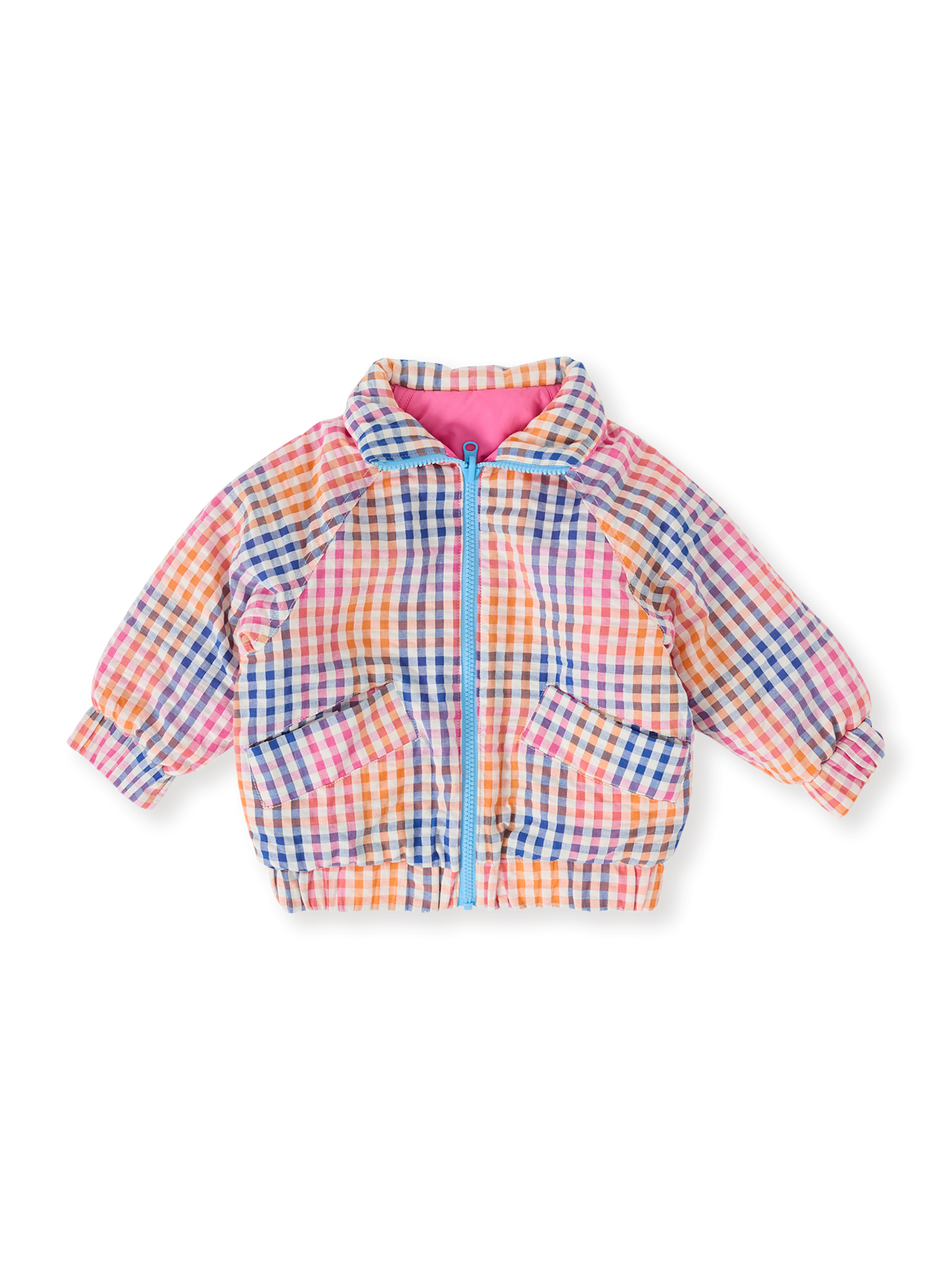 The Goldie + Ace Rainbow Gingham Reversible Puffer Jacket in French Rose/Rainbow pictured on a transparent background. The material is poly with cotton lining. It is a jacket made for babies, toddlers and kids.