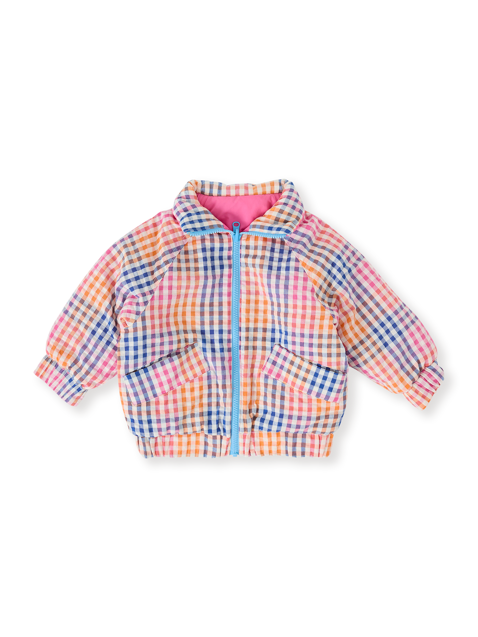 The Goldie + Ace Rainbow Gingham Reversible Puffer Jacket in French Rose/Rainbow pictured on a transparent background. The material is poly with cotton lining. It is a jacket made for babies, toddlers and kids.