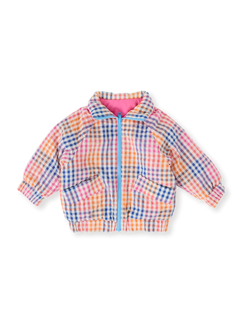 The Goldie + Ace Rainbow Gingham Reversible Puffer Jacket in French Rose/Rainbow pictured on a transparent background. The material is poly with cotton lining. It is a jacket made for babies, toddlers and kids.