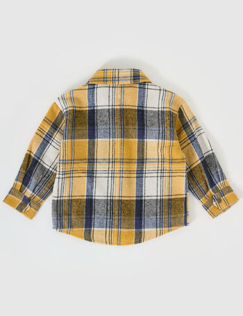 The Goldie + Ace Rowan Check Shirt in Golden pictured on a grey background. The material is poly & cotton with cotton lining. It is a top made for babies, toddlers and kids.