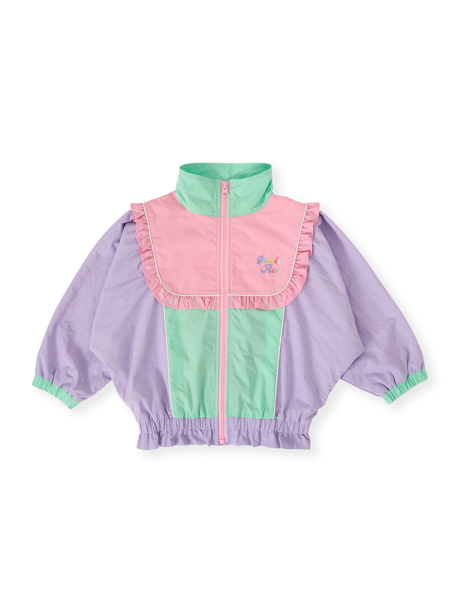 The Goldie + Ace Frill Seekers Retro Spray Jacket in Lilac/Rose/Peapod pictured on a transparent background. The material is poly with cotton lining. It is a jacket made for babies, toddlers and kids.
