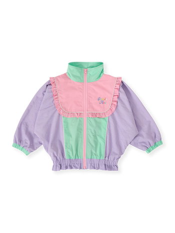 The Goldie + Ace Frill Seekers Retro Spray Jacket in Lilac/Rose/Peapod pictured on a transparent background. The material is poly with cotton lining. It is a jacket made for babies, toddlers and kids.