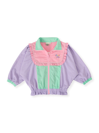 The Goldie + Ace Frill Seekers Retro Spray Jacket in Lilac/Rose/Peapod pictured on a transparent background. The material is poly with cotton lining. It is a jacket made for babies, toddlers and kids.