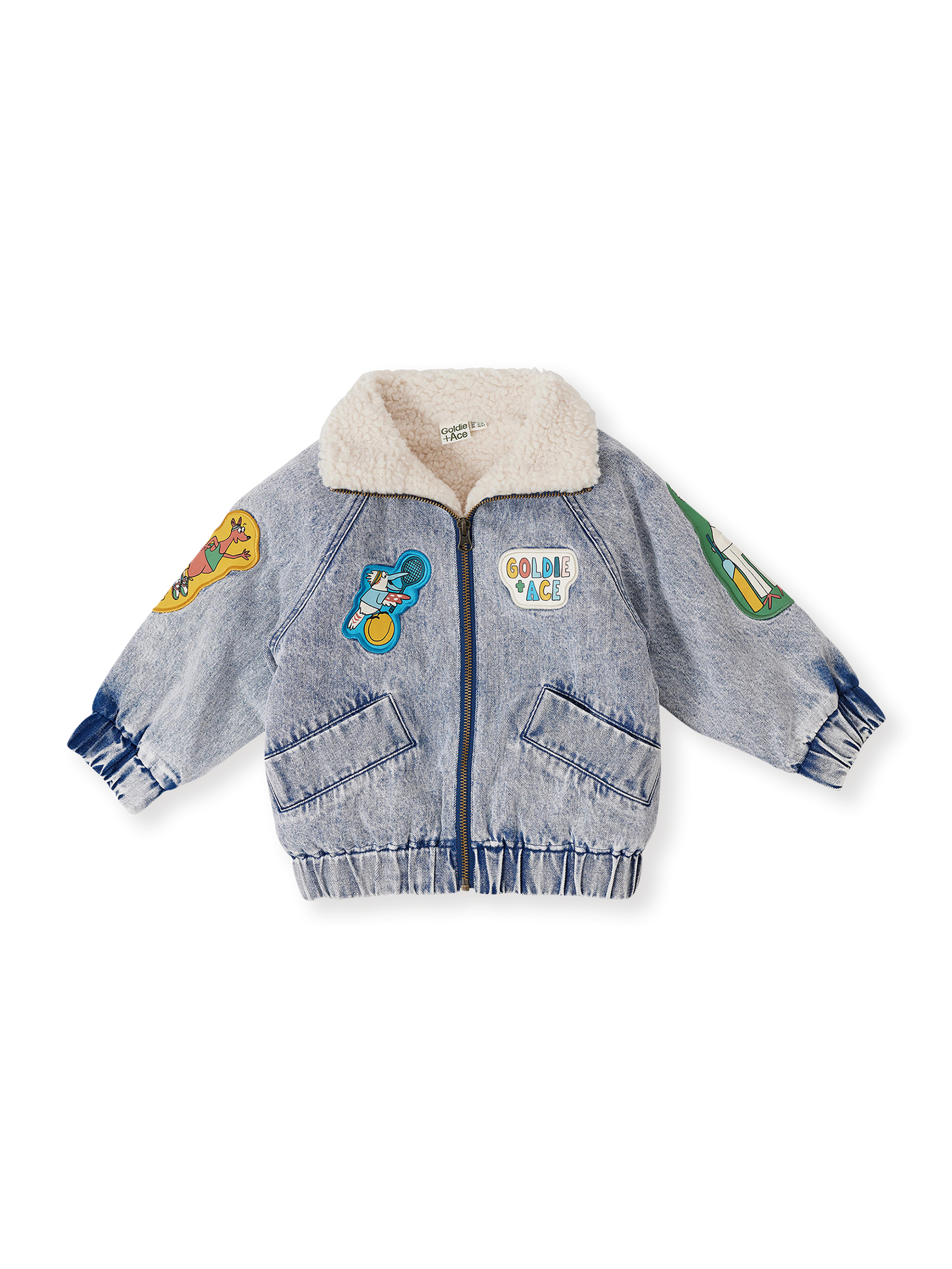 The Goldie + Ace Ari Denim Sherpa Jacket in Blue Denim pictured on a transparent background. The material is cotton with soft poly sherpa lining. It is a jacket made for babies, toddlers and kids.