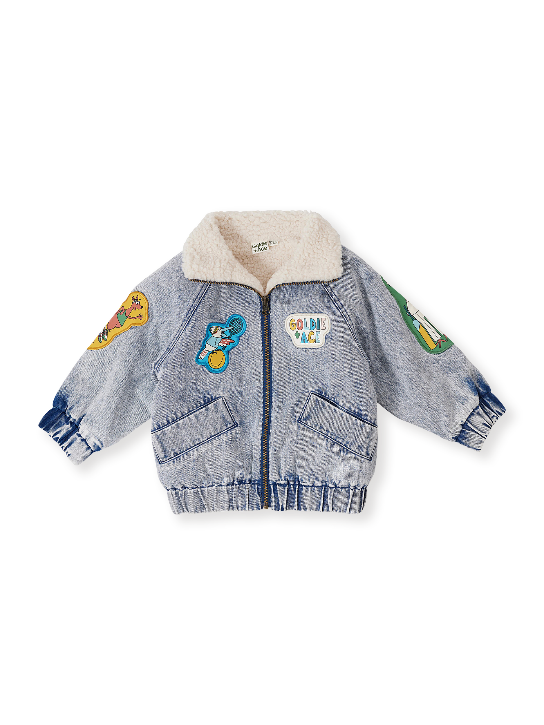The Goldie + Ace Ari Denim Sherpa Jacket in Blue Denim pictured on a transparent background. The material is cotton with soft poly sherpa lining. It is a jacket made for babies, toddlers and kids.
