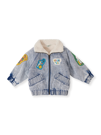 The Goldie + Ace Ari Denim Sherpa Jacket in Blue Denim pictured on a transparent background. The material is cotton with soft poly sherpa lining. It is a jacket made for babies, toddlers and kids.