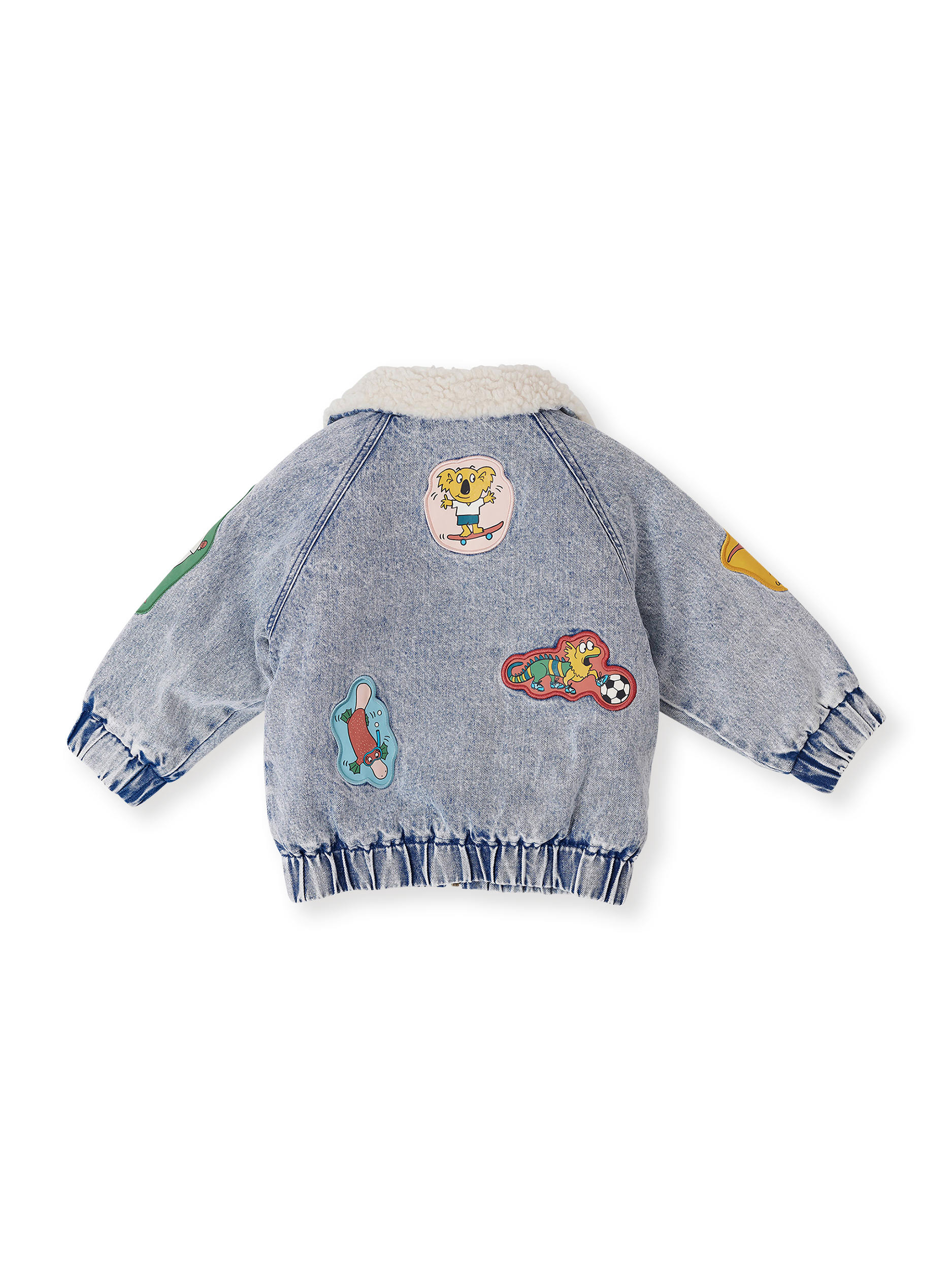 The Goldie + Ace Ari Denim Sherpa Jacket in Blue Denim pictured on a transparent background. The material is cotton with soft poly sherpa lining. It is a jacket made for babies, toddlers and kids.