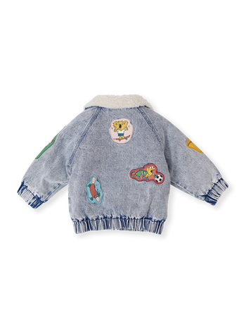 The Goldie + Ace Ari Denim Sherpa Jacket in Blue Denim pictured on a transparent background. The material is cotton with soft poly sherpa lining. It is a jacket made for babies, toddlers and kids.