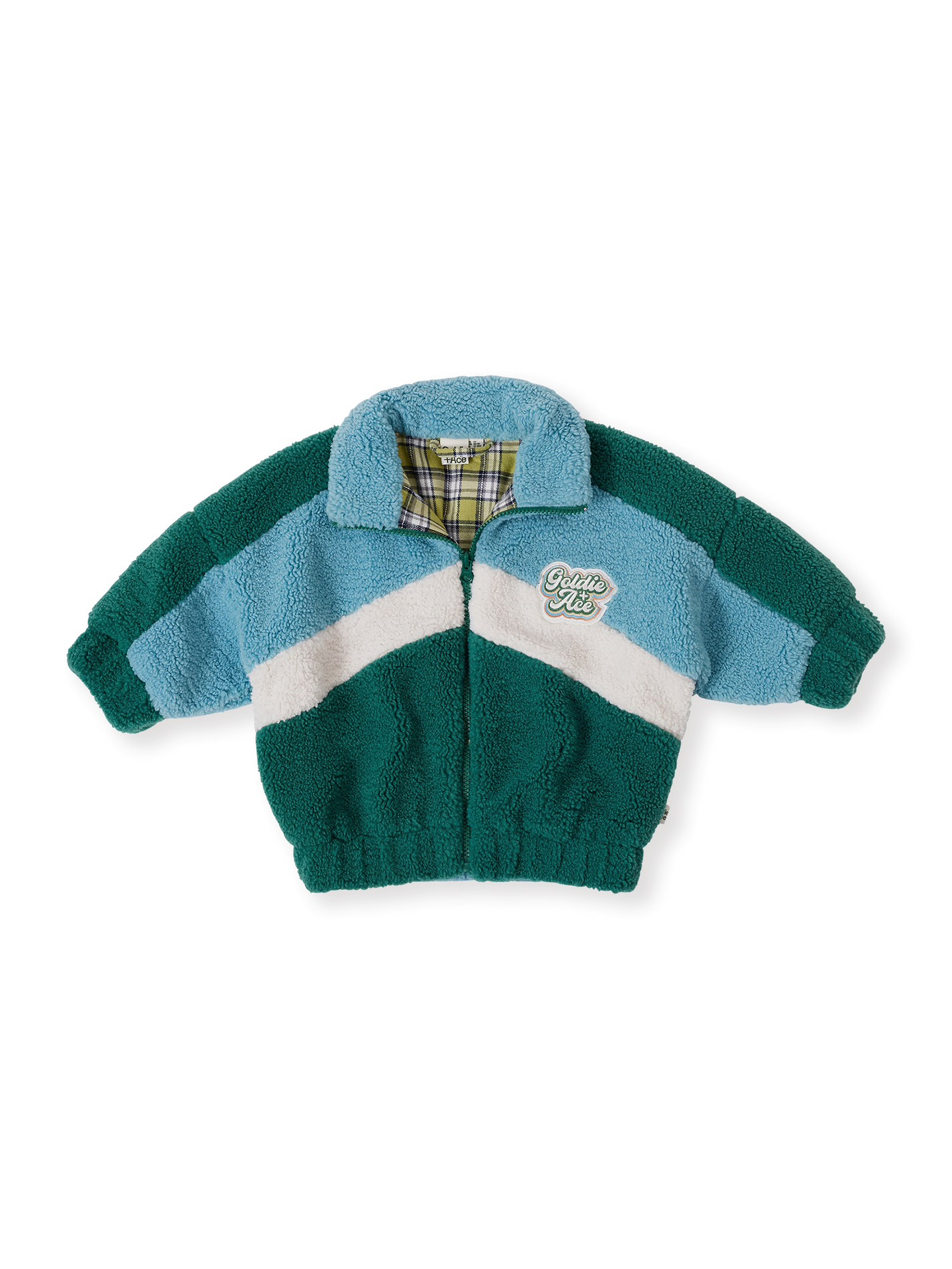 The Goldie + Ace Frankie Sherpa Jacket in Teal/Cream/Dark Jade pictured on a transparent background. The material is poly with cotton lining. It is a jacket made for babies, toddlers and kids.