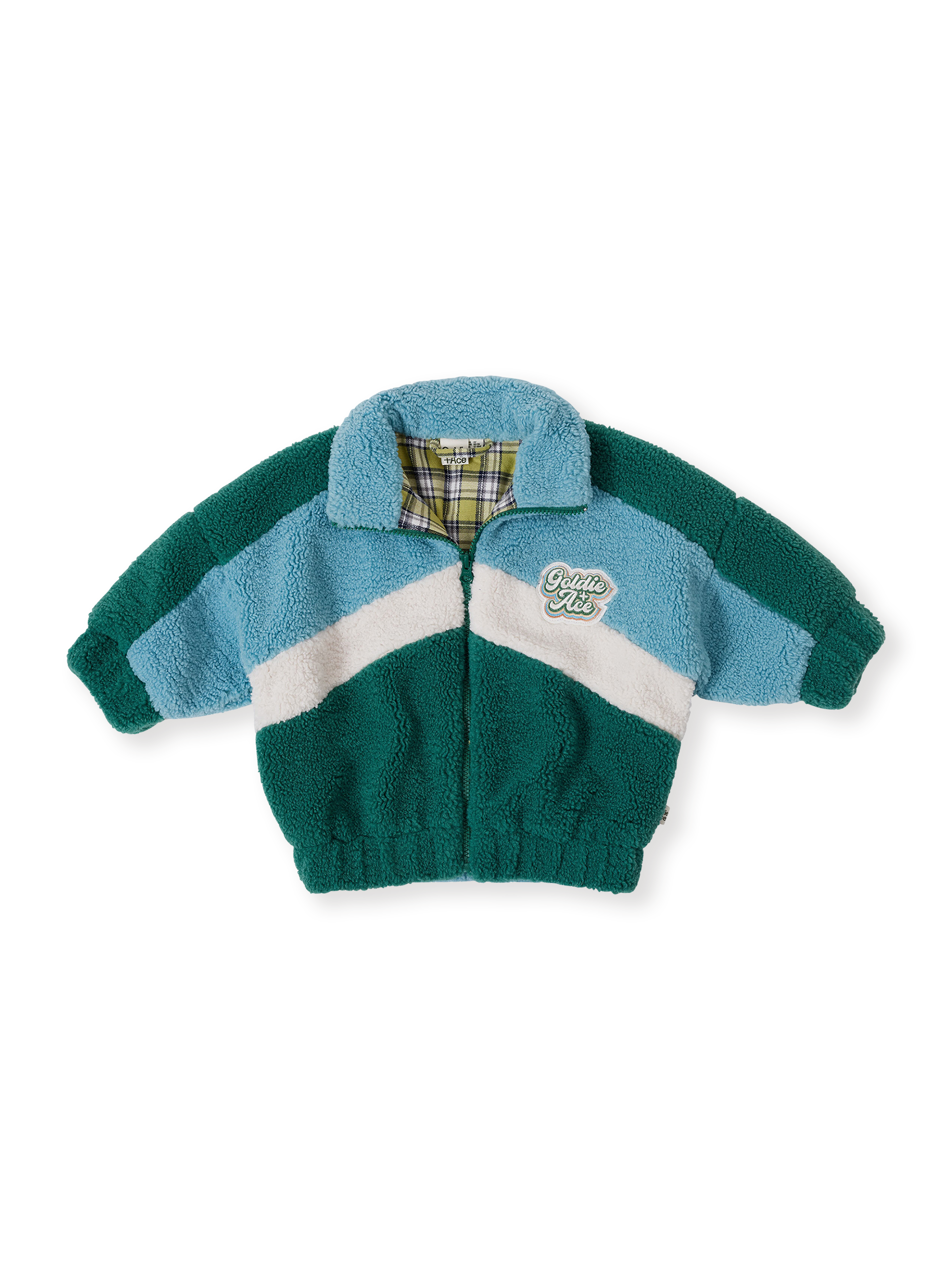The Goldie + Ace Frankie Sherpa Jacket in Teal/Cream/Dark Jade pictured on a transparent background. The material is poly with cotton lining. It is a jacket made for babies, toddlers and kids.