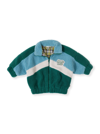 The Goldie + Ace Frankie Sherpa Jacket in Teal/Cream/Dark Jade pictured on a transparent background. The material is poly with cotton lining. It is a jacket made for babies, toddlers and kids.