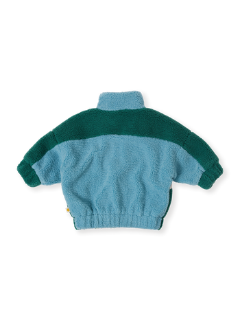 The Goldie + Ace Frankie Sherpa Jacket in Teal/Cream/Dark Jade pictured on a transparent background. The material is poly with cotton lining. It is a jacket made for babies, toddlers and kids.