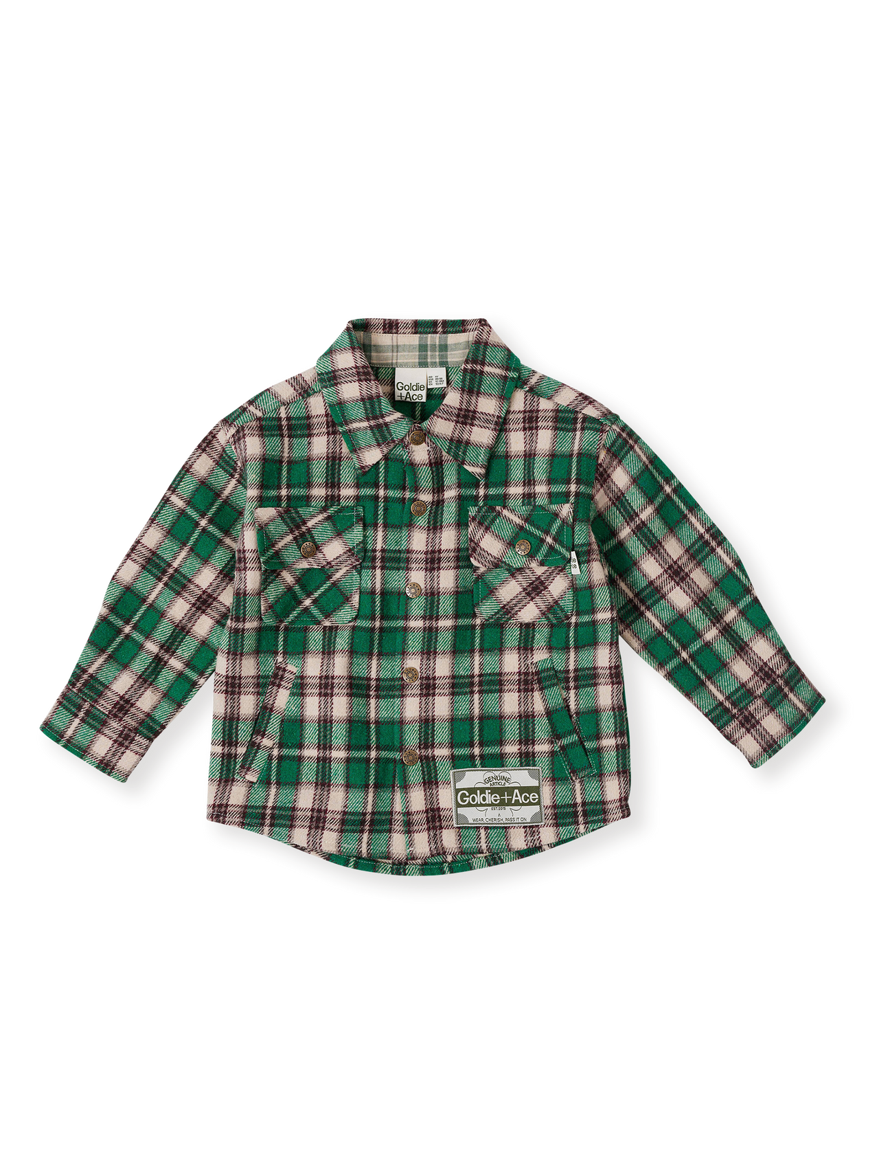 The Goldie + Ace Rowan Check Shirt in Emerald pictured on a transparent background. The material is poly & wool blend. It is a top made for babies, toddlers and kids.