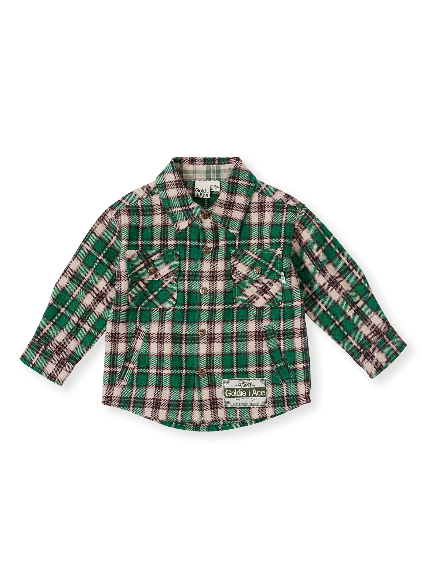 The Goldie + Ace Rowan Check Shirt in Emerald pictured on a transparent background. The material is poly &amp; wool blend. It is a top made for babies, toddlers and kids.