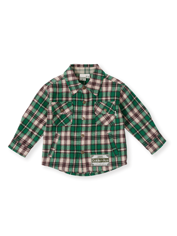 The Goldie + Ace Rowan Check Shirt in Emerald pictured on a transparent background. The material is poly & wool blend. It is a top made for babies, toddlers and kids.
