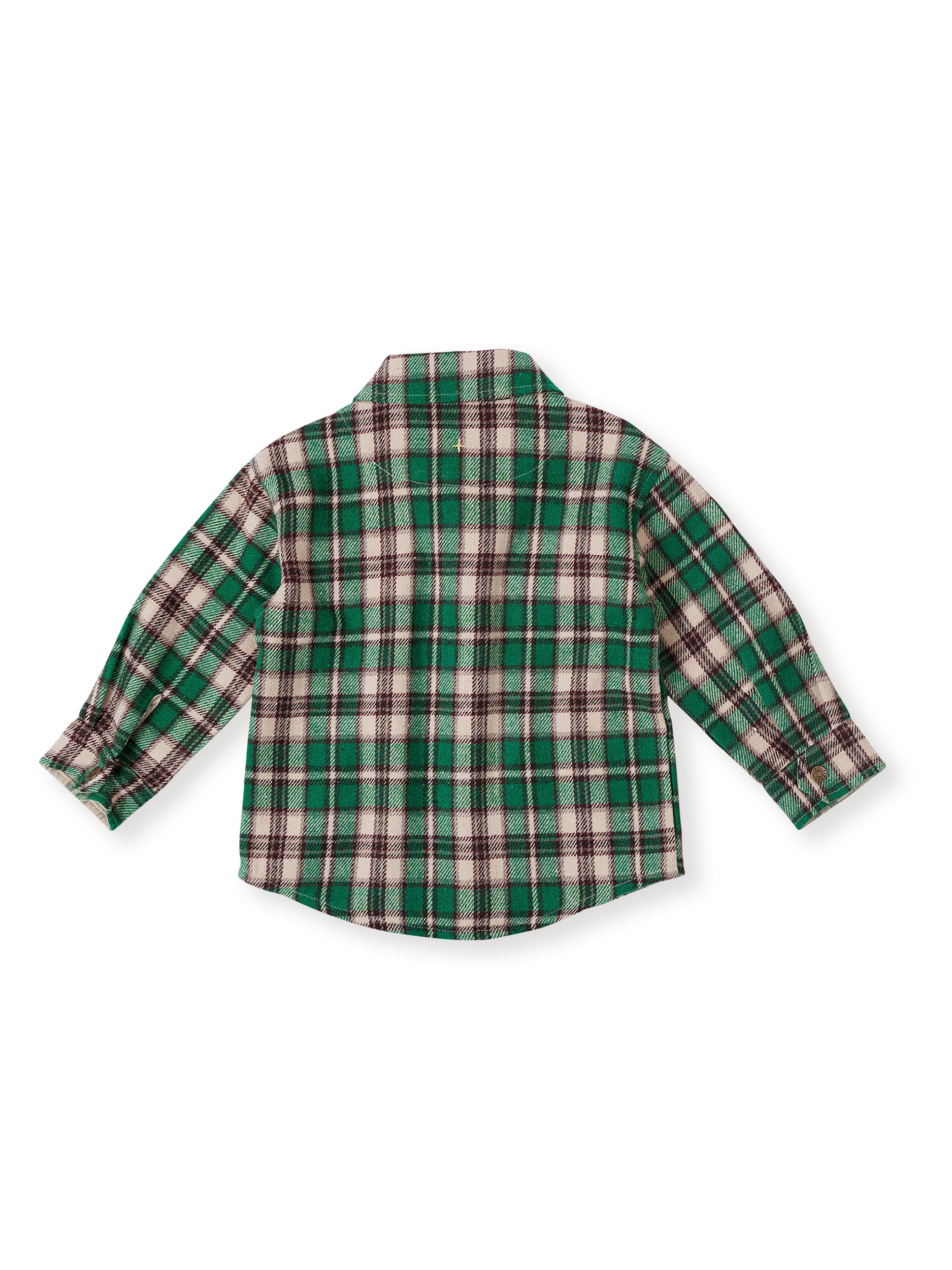 The Goldie + Ace Rowan Check Shirt in Emerald pictured on a transparent background. The material is poly & wool blend. It is a top made for babies, toddlers and kids.
