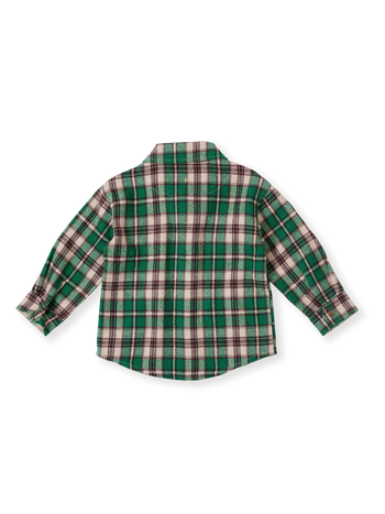 The Goldie + Ace Rowan Check Shirt in Emerald pictured on a transparent background. The material is poly & wool blend. It is a top made for babies, toddlers and kids.
