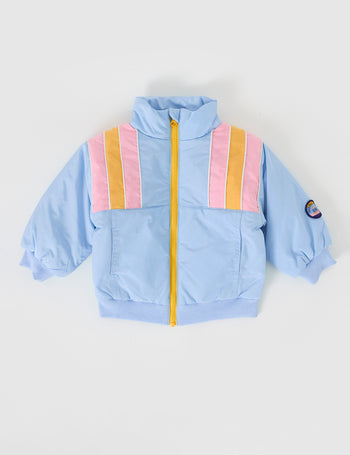 The Goldie + Ace Jordan Jacket in Sky Blue/Pink pictured on a grey background. The material is poly with poly lining. It is a jacket made for babies, toddlers and kids.