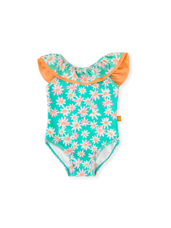 The Goldie + Ace Daisy Patch Frill Neck Swimsuit in Moss pictured on a transparent background. The material is . It is a swimwear made for babies, toddlers and kids.
